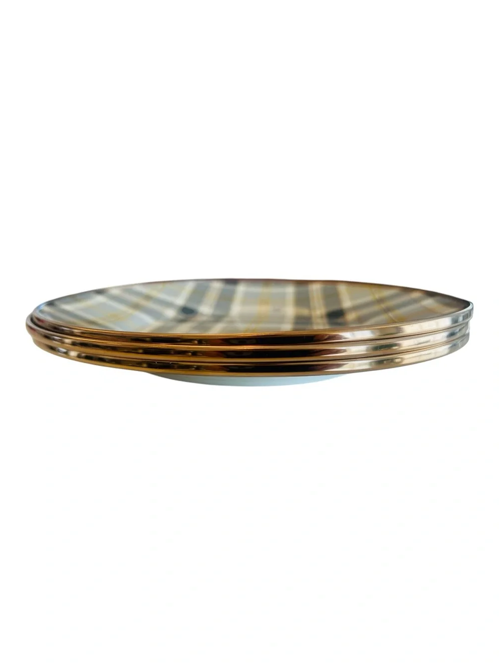 MacKenzie-Childs Tartan Mocha Enamel Dinner Plates 10” Set of 3 Plaid Bronzed